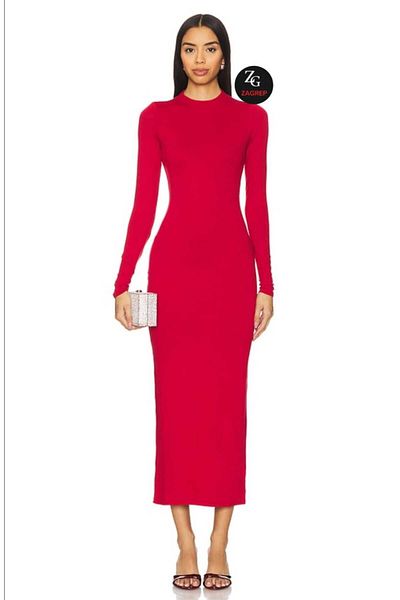 Zagrep Women's Red Crew Neck Lined Silk Jersey Midi Dress
