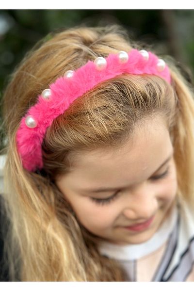 QUEEN AKSESUAR Fuchsia Pink Women's Crown - Plush Feather Metal Crown with Pearls