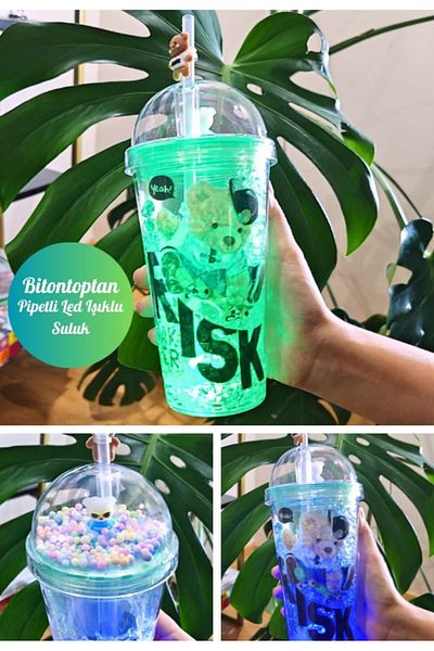 BiTon Toptan Green Risk Bear - Frosted Glass Appearance with Led Lights, Straw, 450 Ml, Double Layer Mica 2768
