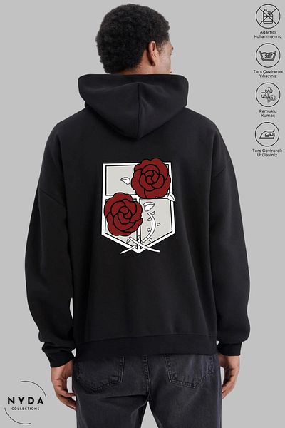 Nyda Collections Hanorac cu glugă unisex cu imprimeu Attack on Titan 3 - mânecă lungă, panglică, bumbac supradimensionat