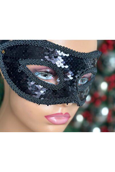 QUEEN AKSESUAR Black Luxury Imported Party Prom Costume - Sequin Eye Mask with Stone Detail