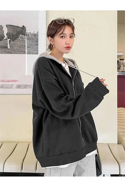 npLStore Διπλό Χρώμα Μεγάλο Μέγεθος Χωρίς εκτύπωση 3 νημάτων Oversize Μπουφάν - Ζακέτα