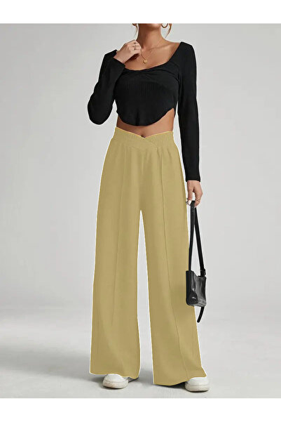 Moda Monisa Μονόχρωμο παντελόνι με ψηλόμεσο φαρδύ πόδι με λεπτομέρεια στην ζώ...