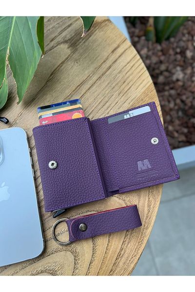 Deriza Retro Unisex 2660 Model Matte Purple Genuine Leather Mechanism Wallet