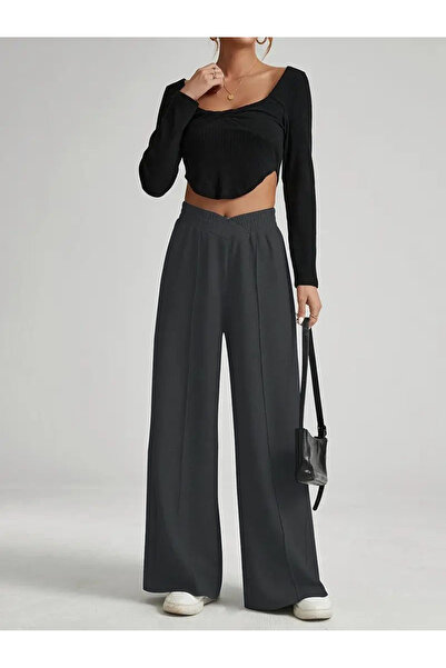 Moda Monisa Μονόχρωμο ψηλόμεσο φαρδύ παντελόνι με λεπτομέρεια στην ζώνη - Άνε...