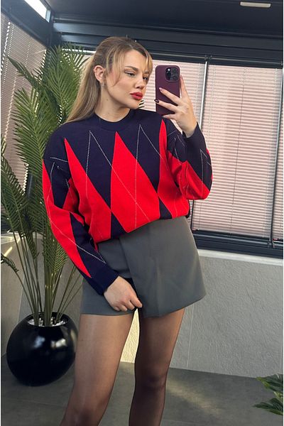 MİR STORE Red Large Diamond Patterned Sweater