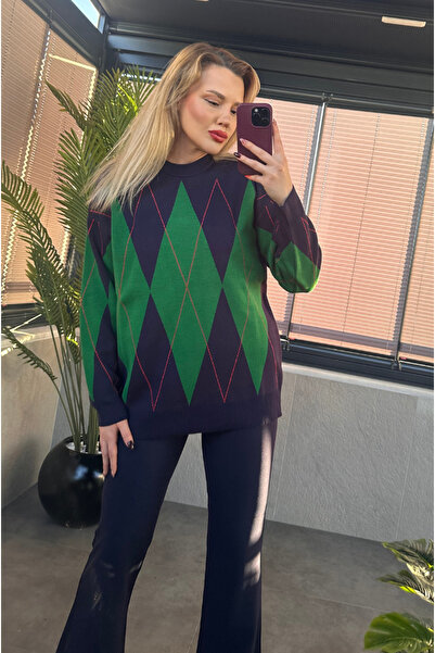 MİR STORE Green Large Diamond Patterned Sweater