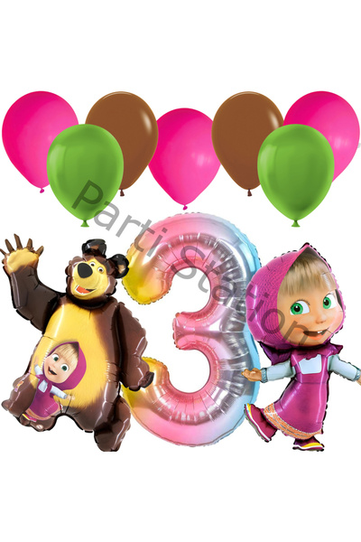 Parti Station Lisanslı Maşa ve Koca Ayı Balon 3 Yaş Renkli Rakam Balon Set Ma...
