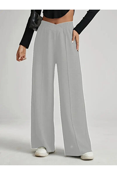 Moda Monisa Düz Renkli Çapraz Kemer Detaylı Yüksek Bel Geniş Paçalı Eşofman Altı - Rahat ve Şık İki İplik Kumaş