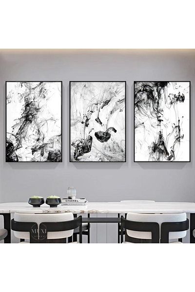 Linacci Triple Black Metal Frame Gray White Pattern Glass Table Set