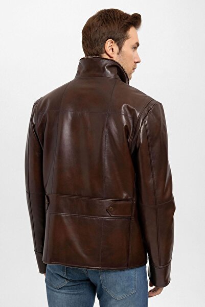 Deriderim Brown Yager Men's Genuine Leather Coat with Fur Inside and Zipper