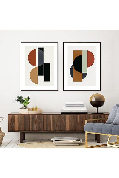 Linacci Geometric Abstract Glass Painting Set with Double Black Metal Frame