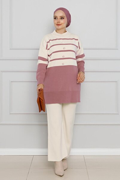 Sevitli Σετ πλεκτών ενδυμάτων με ριγέ λεπτομέρεια με κουμπιά-αποξηραμένο τριαντάφυλλο