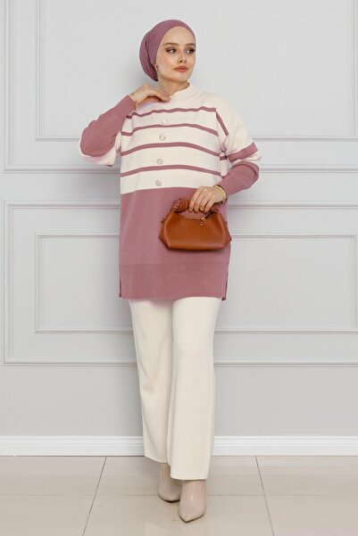 Sevitli Σετ πλεκτών ενδυμάτων με ριγέ λεπτομέρεια με κουμπιά-αποξηραμένο τριαντάφυλλο