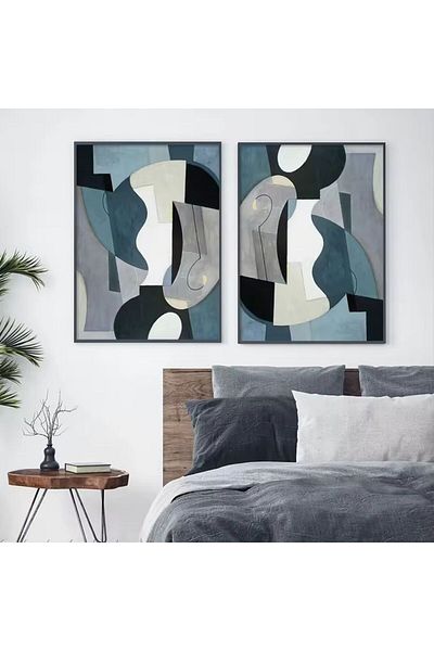 Linacci Set of 2 Black Metal Framed Soft Blue Abstract Glass Painting