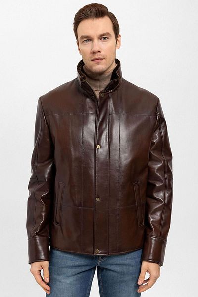 Deriderim Brown Yager Men's Genuine Leather Coat with Fur Inside and Zipper
