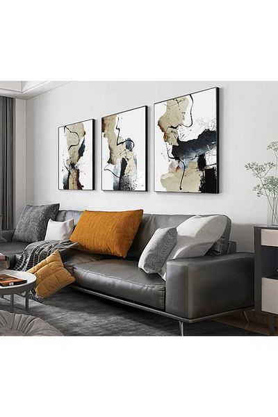 Linacci Triple Black Metal Frame Abstract Artistic Glass Painting Set