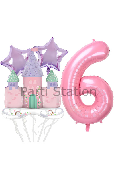 Parti Station Prenses Konsept 6 Yaş Pembe Renk Rakam Balon Set Prenses Evi Şa...