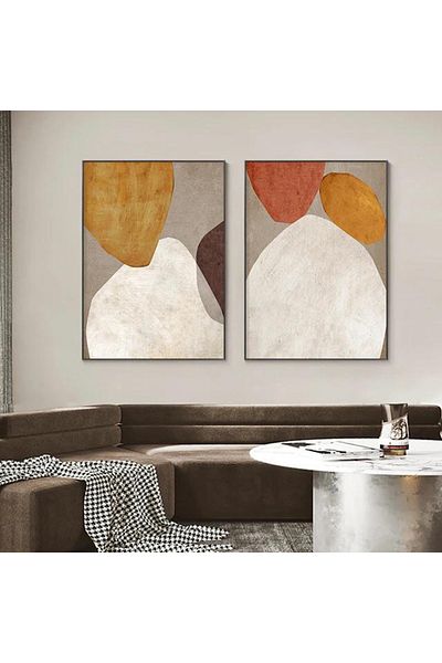 Linacci Coffee Abstract Glass Painting Set with Double Black Metal Frame