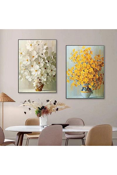 Linacci White Yellow Flowers Glass Table Set with Double Black Metal Frame