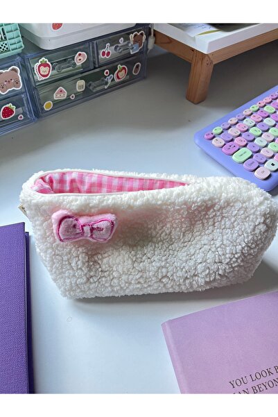 sumicorn Kurdele Peluş Yıkanabilir Fermuarlı Pembe Pötikare Astarlı Bez Kalem...