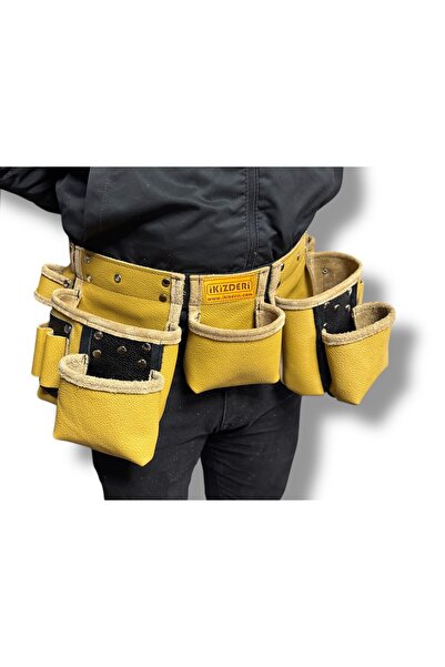 İKİZ DERİ ÜRÜNLERİ FONKSİYONEL BEŞ BÖLMELİ DERİ USTA ÖNLÜĞÜ SARI-SİYAH