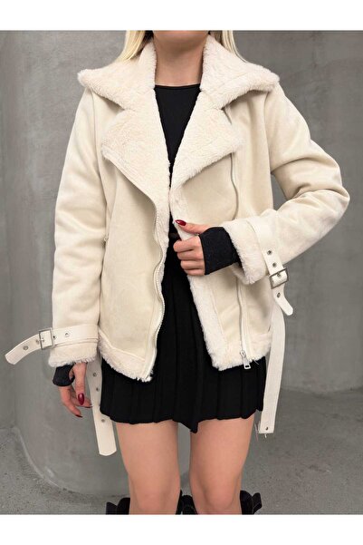 MODA DURAĞI Premium New Season Γυναικείο Premium δερμάτινο παλτό από σουέτ με λεπτομέρεια από ραπέτα στη ζώνη