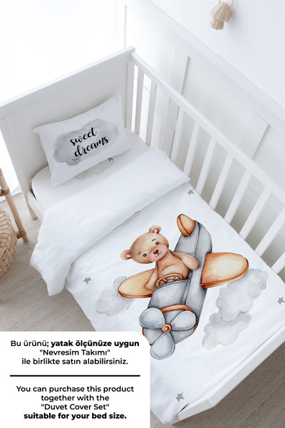 Tuğba Kuğu Bebek Boy Lastikli Çarşaf Seti - Pure Baby Serisi - Uçan Ayı