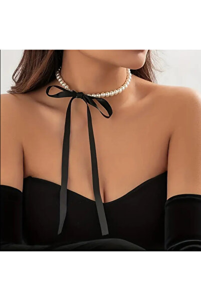 SavBrand Vintage Neck Collar Long Pearled Satin Design Chain Necklace Lace Satin with Pearl Necklace