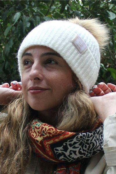 Sofist İstanbul Ecru Pompom Woven Label Soft Washed Wool And Fold Women's Knitted Beret
