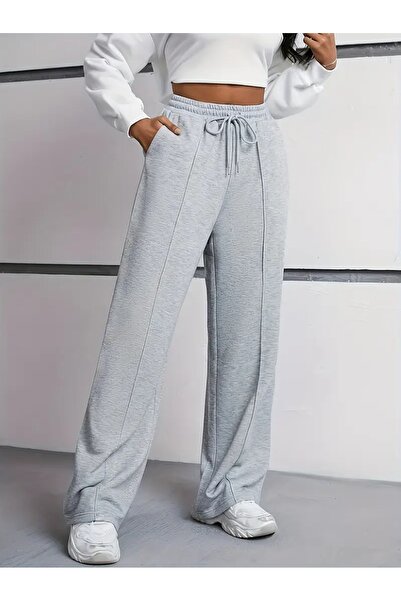 yx yustex sport Kadın Çımalı Gri Bol Paça Baggy Kalıp Rahat Giyim Eşofman Altı