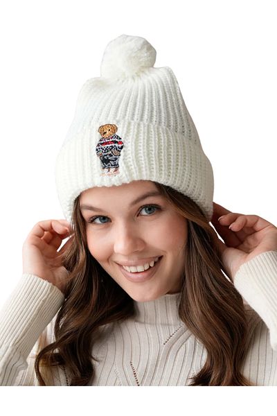 EyShan Teddy Bear with Embroidery Detail - Pompom Beanie Ekru