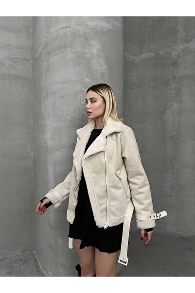 MODA DURAĞI Premium New Season Γυναικείο Premium δερμάτινο παλτό από σουέτ με λεπτομέρεια από ραπέτα στη ζώνη