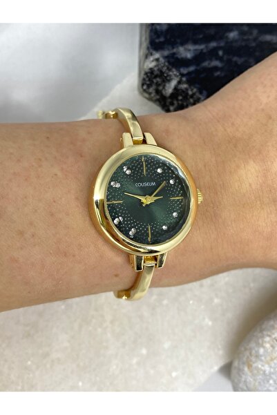 Coliseum Women's Green Gold Wristwatch with Round Tiny Stone Detail Inside