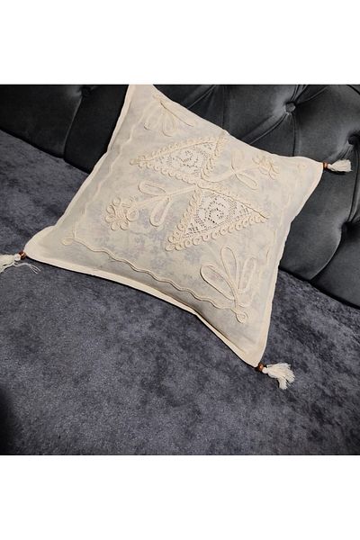 TUNCAY TEKSTİL Beaded Lace Floral 2-Piece Throw Pillow Cover 100% Cotton 40 X 40 cm