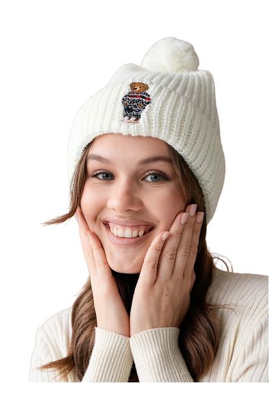 EyShan Teddy Bear with Embroidery Detail - Pompom Beanie Ekru