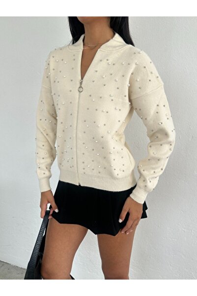 02Lady Fashion Kadın İncili Fermuarlı triko Hırka