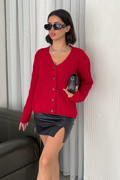 02Lady Fashion Sportines 5 Button Knitted Patterned Cardigan