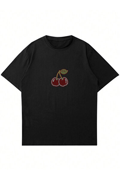 Mad&Calf تيشيرت نسائي كبير الحجم برقبة دائرية وطبعة حجر الكرز