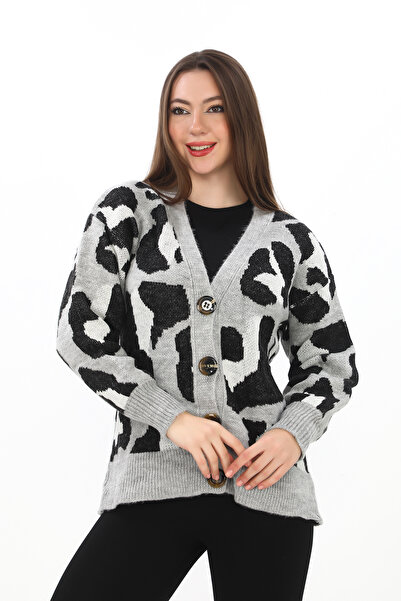 02Lady Fashion Leopard Print Buttoned Oversize Knitted Detailed Knitwear Cardigan