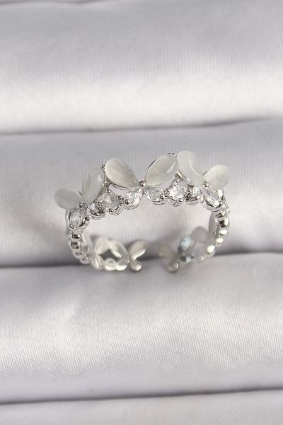 Clariss Brass Silver Color Zircon Stone White Enamel Butterfly Model Adjustable Ring
