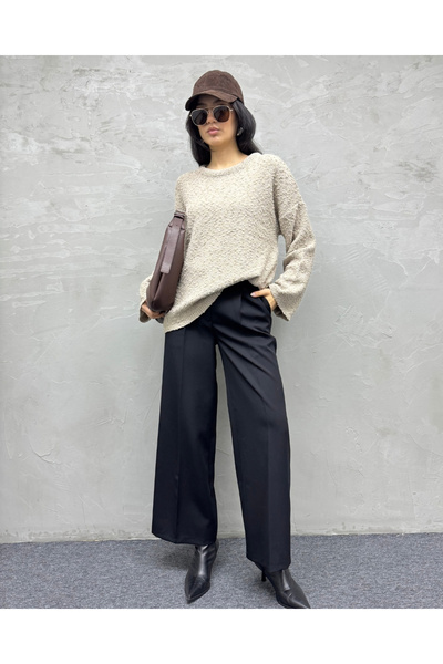 deqfashion Kadın Vizon Bisiklet Yaka Oversize Buklet Triko Kazak