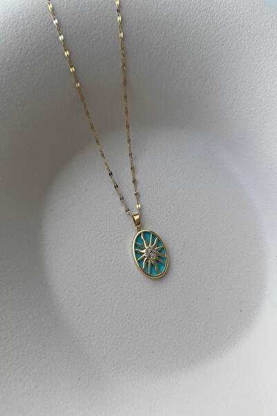 Ebijuteri OVAL MAVİ YILDIZ FİGÜRLÜ GOLD RENK ÇELİK ZİNCİRLİ KOLYE