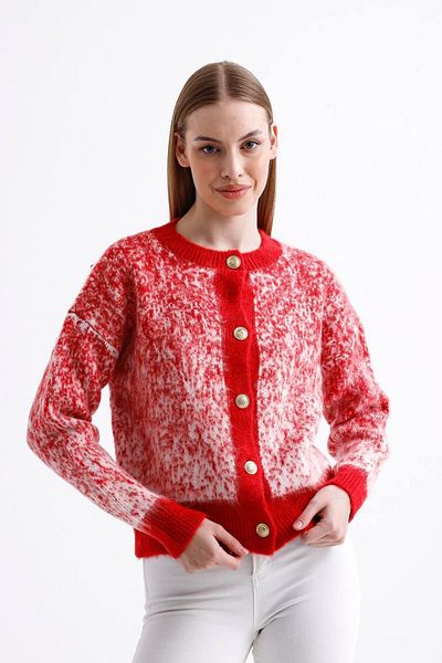 02Lady Fashion Stonered Snow Patterned Soft Buttoned Kitwear Cardigan