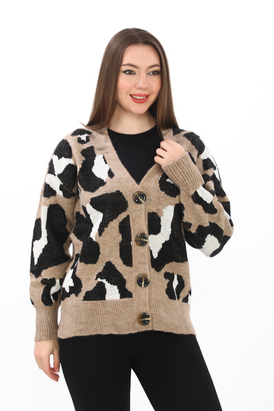 02Lady Fashion Ζακέτα με λεοπάρ μοτίβο με κουμπιά Oversize πλεκτή λεπτομέρεια