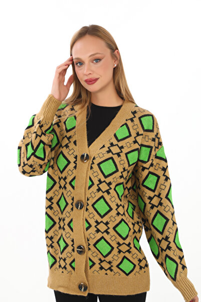 02Lady Fashion πλεκτή ζακέτα με τετράγωνο σχέδιο με λεπτομέρειες με κουμπιά