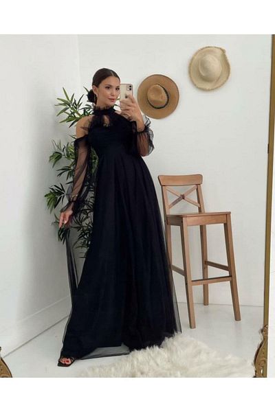sarebutik Black Tulle Long Evening Dress, Graduation