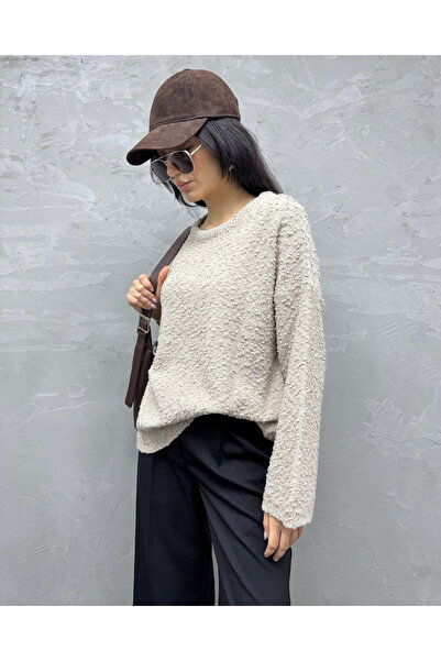 deqfashion Kadın Vizon Bisiklet Yaka Oversize Buklet Triko Kazak