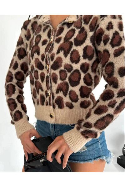 02Lady Fashion Leopard Pattern Buttoned Soft Crop Cardigan