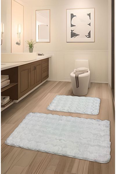 FeelHome Bubble Rabbit Hair, Αντιολισθητική Βάση, Αφράτο, Ultra Luxury, Πλένεται 2 τεμαχίων Χαλάκι μπάνιου Χιόνι Λευκό